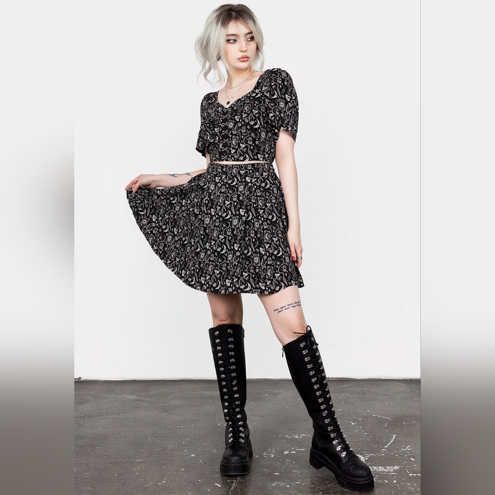 NEW Disturbia "Craft" Hook & Eye Crop Top & Pleated Skirt Set, Size UK 10 US 6